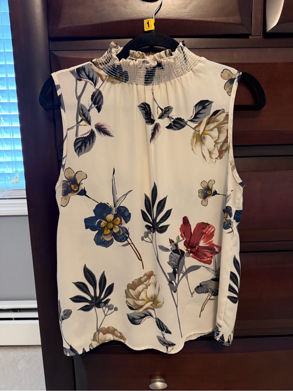 Le Lis Cream Floral Smocked Mock-Neck Sleeveless Top